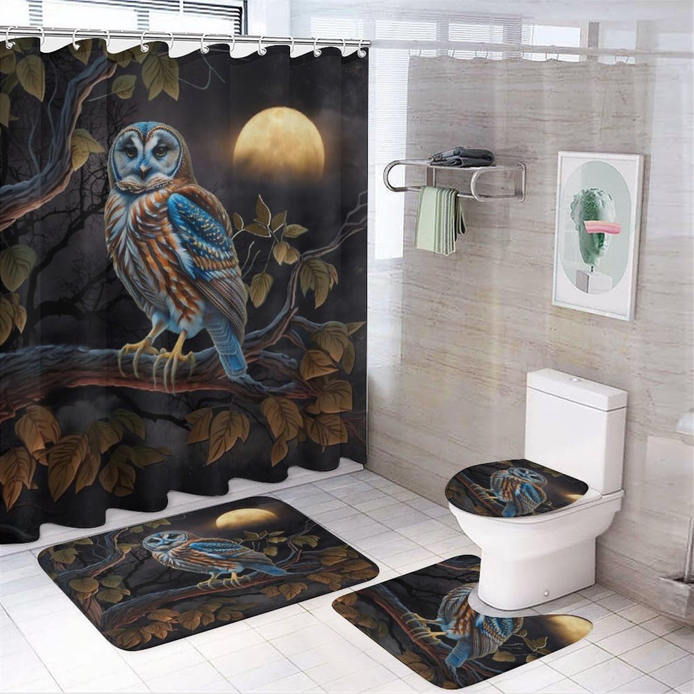 Rustic Wildlife Owl 4 Pcs Waterproof Shower Curtain Set,Cute Misty Forest Woodland Night Full Moon Little Owl with Waterproof Toilet Cover Shower Mat Rugs