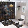 Rustic Wildlife Owl 4 Pcs Waterproof Shower Curtain Set,Cute Misty Forest Woodland Night Full Moon Little Owl with Waterproof Toilet Cover Shower Mat Rugs view 1