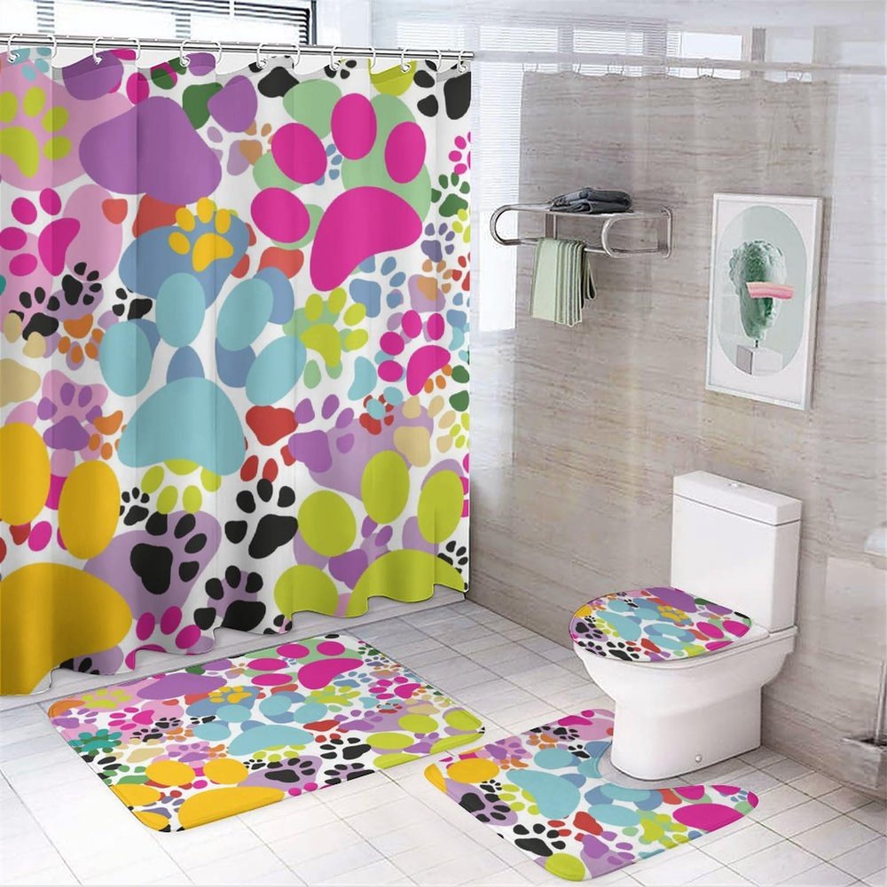 Cute Puppy Dog Animal 4 Pcs Waterproof Shower Curtain Set,Bright Colorful Paw Pet Lover with Waterproof Toilet Cover Shower Mat Rugs