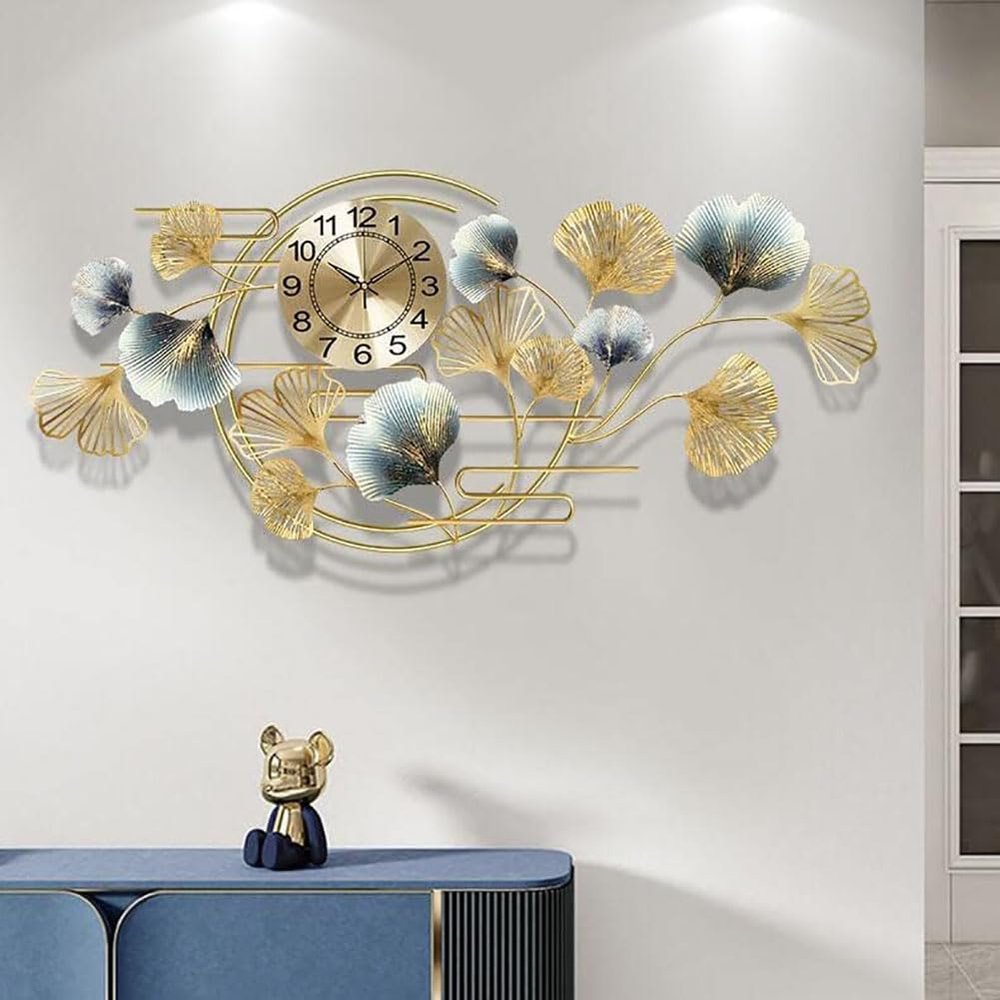 HAODING Modern Large Digital Wall Clock, Creative Decorative Clock, Modern Home Decoration, Artwork Decor, 3D Metal Ginkgo Leaves Wall Decor for Living Room Bedroom Dining Room Kitchen Office