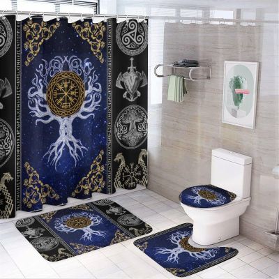Abstract Ancient Vikings 4 Pcs Waterproof Shower Curtain Set,Retro Norse Mythology Mystical Symbol Tree of Life with Waterproof Toilet Cover Shower Mat Rugs