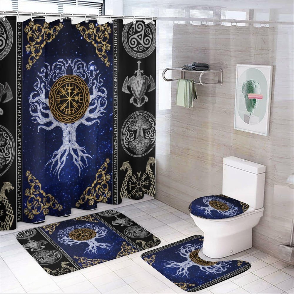 Abstract Ancient Vikings 4 Pcs Waterproof Shower Curtain Set,Retro Norse Mythology Mystical Symbol Tree of Life with Waterproof Toilet Cover Shower Mat Rugs