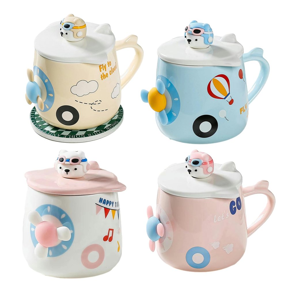 400ml/13.5oz Covered Spoon Breakfast Ceramic Mug Cute Cartoon Shape Home Men's and Women's Water Cup for office home-Set of four