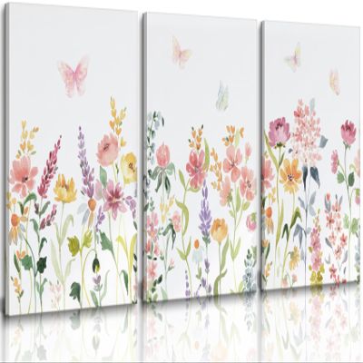 3pcs Framed Watercolors Flower Canvas Wall Art Colorful Nature Floral Wall Decor Pink Yellow Wildflower Poster Prints Pictures Farmhouse Botanical Artwork Ready To Hang for Living Room Bathroom