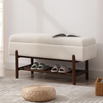 Shunzhi Modern Entryway Storage Bench, Upholstered Shoe Ottoman Bench, Flip-Top End of Bed Bench with Wood Shelf for Living Room/Bedroom/Hallway/Under Window,45Inches, Cream Faux Fur