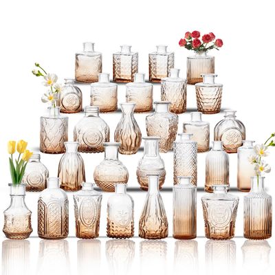 Glass Bud Vase Set of 30, Small Flower Vases, Glass Vases for Centerpieces, Vintage Home Table Decorations Bud Vases (30 Pcs, Amber)