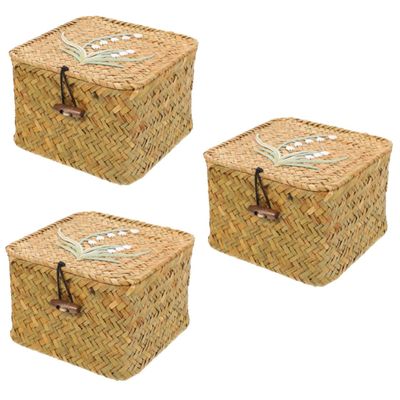 3pcs Lidded Storage with Sundries Weaving Container S Basket Desktop Cubes Cover Rattan Retro Shelf Wardrobe Organizer Multipurpose Tabletop Flat Case Keepsake Gift Laundry