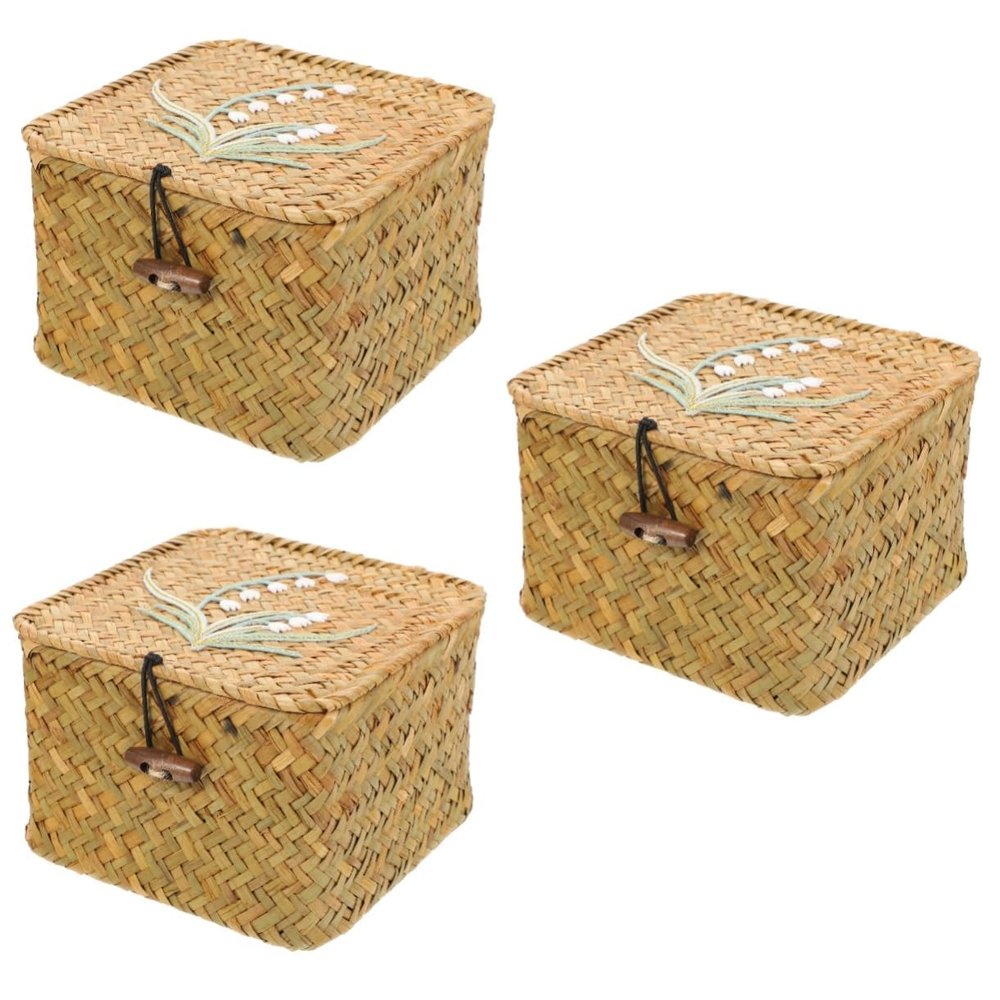 3pcs Lidded Storage with Sundries Weaving Container S Basket Desktop Cubes Cover Rattan Retro Shelf Wardrobe Organizer Multipurpose Tabletop Flat Case Keepsake Gift Laundry