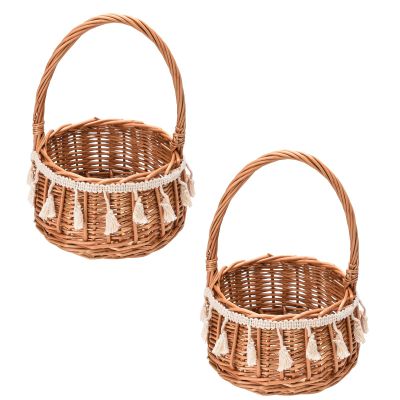 2Pcs Wicker Rattan Flower Girl Basket Rustic Flower Girl Baskets for Weddings Handwoven Candy Storage Basket Small Rattan Flower Basket with Handle for Home Garden Wedding Decor(L)