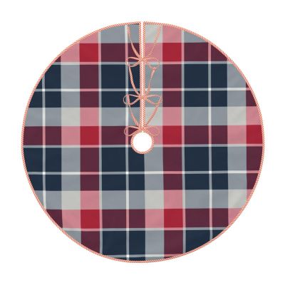 Christmas Tree Skirt 30" Navy Blue, Red and Grey Sporty Plaid Linen Xmas Tree Skirt for Holiday Party Christmas Tree Mat Decorations Indoor Outdoor