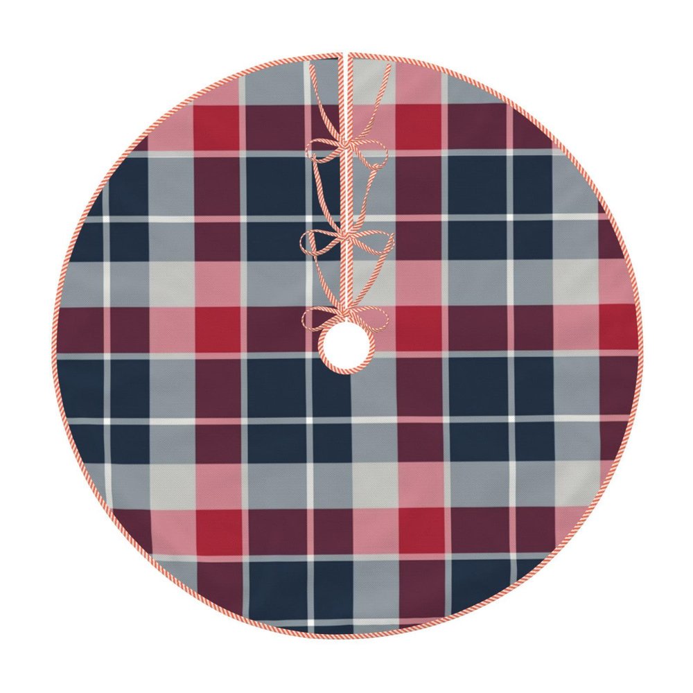 Christmas Tree Skirt 30" Navy Blue, Red and Grey Sporty Plaid Linen Xmas Tree Skirt for Holiday Party Christmas Tree Mat Decorations Indoor Outdoor