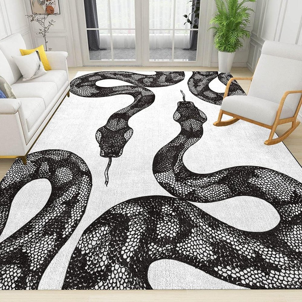 Black White Snake Area Rugs, Snake Violence Retro Aesthetics Easy Clean Rug, Soft Non-Skid Carpet Throw Rug for Kids Teen Girls Boys Bedroom, Living Room Bathroom Classroom Office 6.6ftx5.3ft