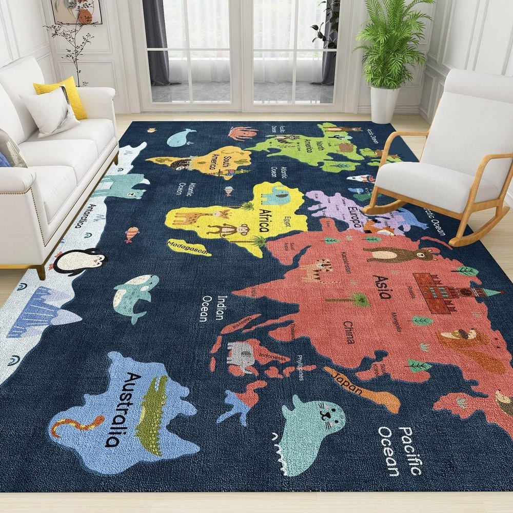 Cartoon Sea Animals World Map Area Rugs, Kids Education World Map Easy Clean Rug, Soft Non-Skid Carpet Throw Rug for Kids Teen Girls Boys Bedroom Living Room Bathroom Classroom Office 4ftx6ft