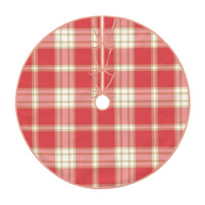 Christmas Tree Skirt 48" Coral Pink Plaid Linen Xmas Tree Skirt for Holiday Party Christmas Tree Mat Decorations Indoor Outdoor