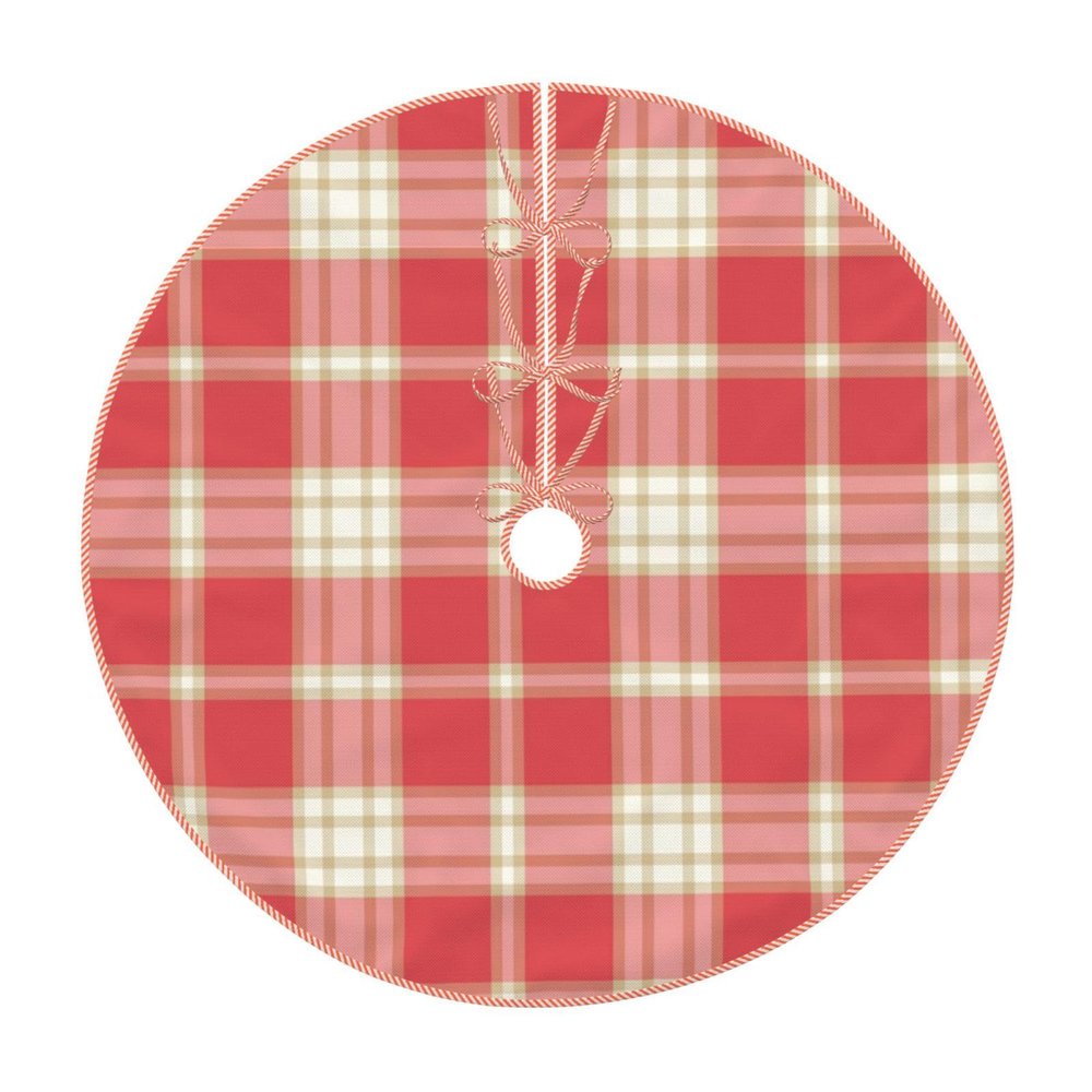 Christmas Tree Skirt 48" Coral Pink Plaid Linen Xmas Tree Skirt for Holiday Party Christmas Tree Mat Decorations Indoor Outdoor