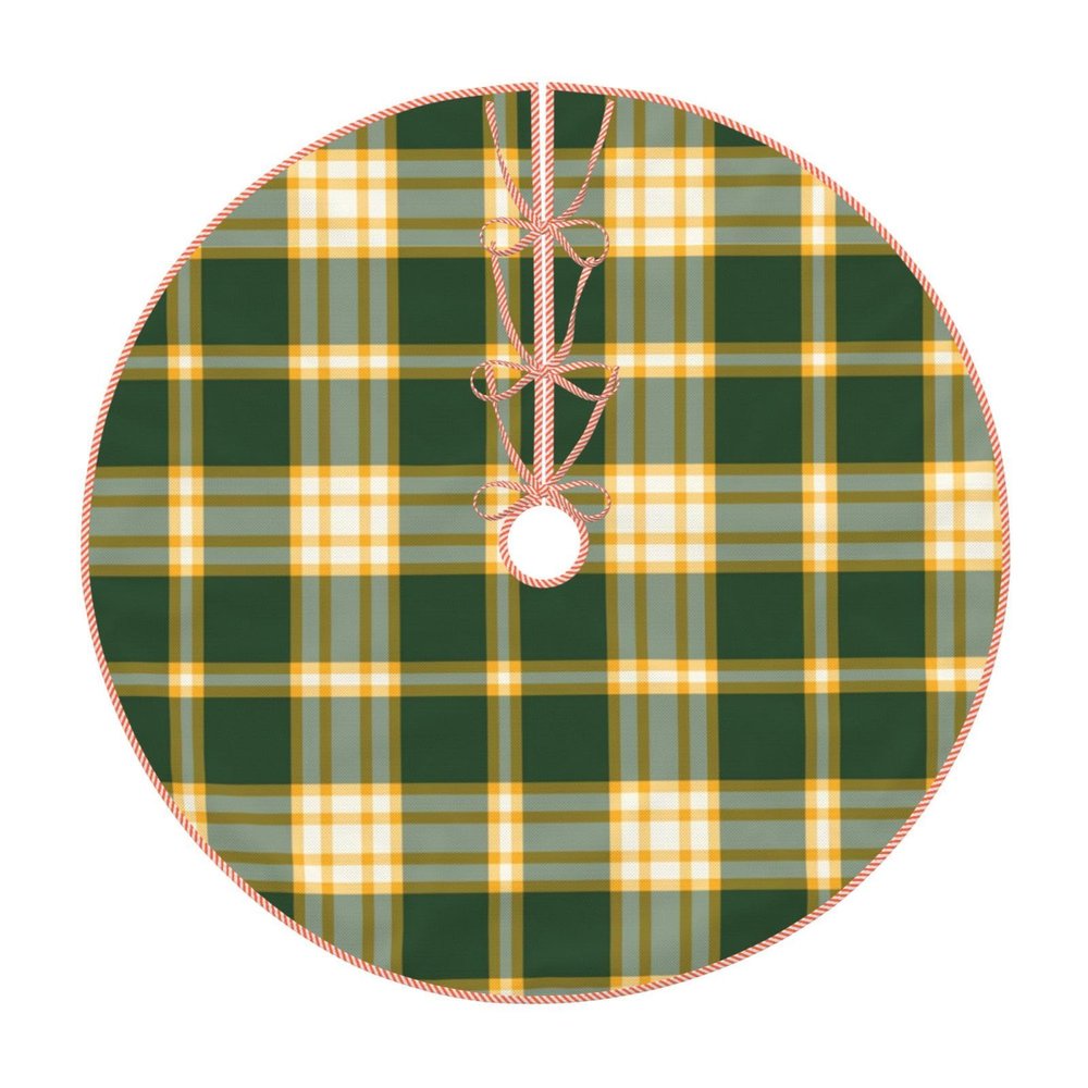 Christmas Tree Skirt 30" Dark Green and Gold Sporty Plaid Pattern Linen Xmas Tree Skirt for Holiday Party Christmas Tree Mat Decorations Indoor Outdoor