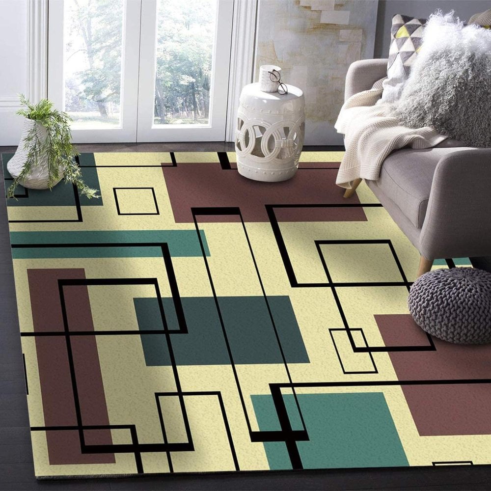Abstract Geometric Pattern Area Rug, Beige Blue Rectangle Black Lines Living Room Rug, Machine Washable Carpet Non-Slip Anti-Shedding Easy to Clean for Bedroom Home Decor Kid Room 3ftx4ft