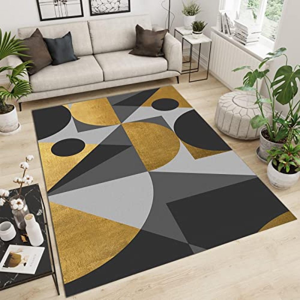 Yellow Black Abstract Geometry Area Rug, Bohemian Indoor Floor Rugs, Easy-to-Clean Carpet Non-Slip Low-Pile Comfortable Soft for Bedroom Living Room Farmhouse Kids Boys Room 3ftx6ft