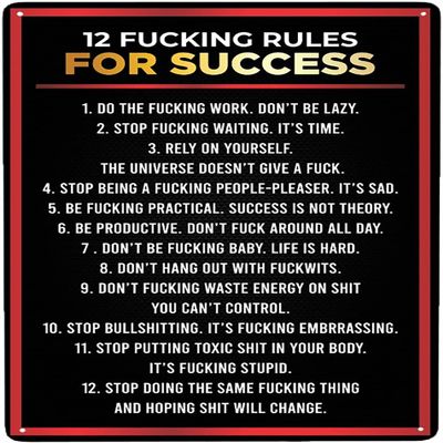 12 Fucking Rules To Success Metal Tin Sign Inspirational Metal Wall Art Decor Sign Retro Poster Cafe Bar Gym Living Room Bathroom Kitchen Home Art Wall Decoration Plaque Gift 8x12 Inch