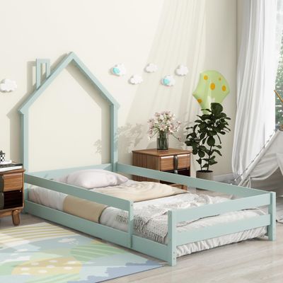 CKLMMC Twin Size Wood Platform Bed with House-Shaped Headboard and Fences, Without Slats, Floor Bed for Kids Bedroom (Light Green/Fences+A)