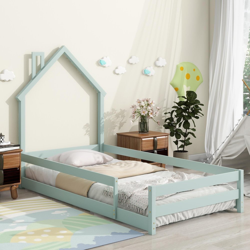 CKLMMC Twin Size Wood Platform Bed with House-Shaped Headboard and Fences, Without Slats, Floor Bed for Kids Bedroom (Light Green/Fences+A)