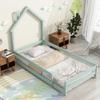 CKLMMC Twin Size Wood Platform Bed with House-Shaped Headboard and Fences, Without Slats, Floor Bed for Kids Bedroom (Light Green/Fences+A) view 3