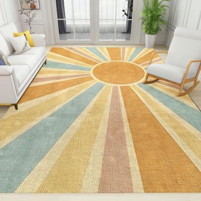 BOWESI Runner Rugs 2x4ft, Mid Century Grunge Style Rainbow Sun Kids Rugs, Boho Vintage Colored Lines Living Room Decor Rug, Non-Slip Large Area Easy to Clean for Kids Boys Girls Bedroom Game Room