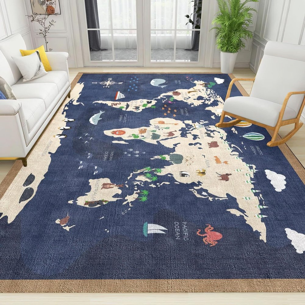 BOWESI Area Rugs 3x5ft, Funny Cartoon World Map Kids Bedroom Rugs, Children's Enlightenment Animal Map Large Nursery Rug, Soft Non-Slip for Decor Teen Boys Room Floor Lounge Nursery