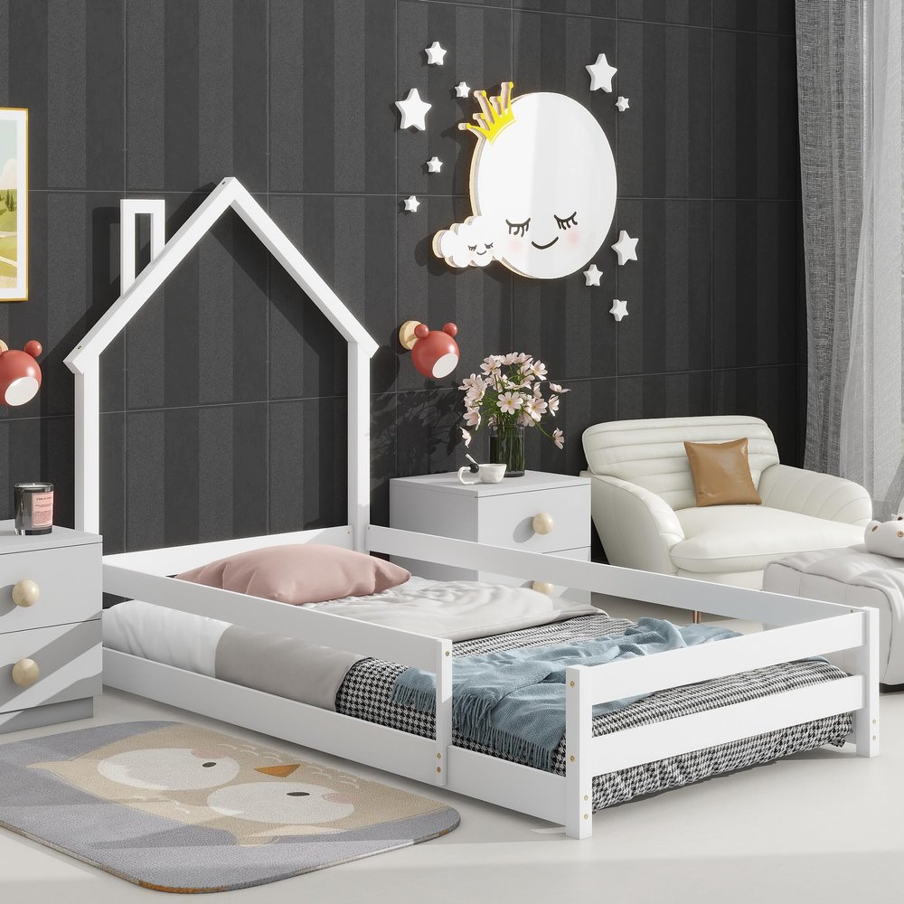 CKLMMC Twin Size Wood Platform Bed with House-Shaped Headboard and Fences, Without Slats, Floor Bed for Kids Bedroom (White/Fences+A)