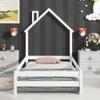 CKLMMC Twin Size Wood Platform Bed with House-Shaped Headboard and Fences, Without Slats, Floor Bed for Kids Bedroom (White/Fences+A) view 2