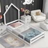 CKLMMC Twin Size Wood Platform Bed with House-Shaped Headboard and Fences, Without Slats, Floor Bed for Kids Bedroom (White/Fences+A) view 3