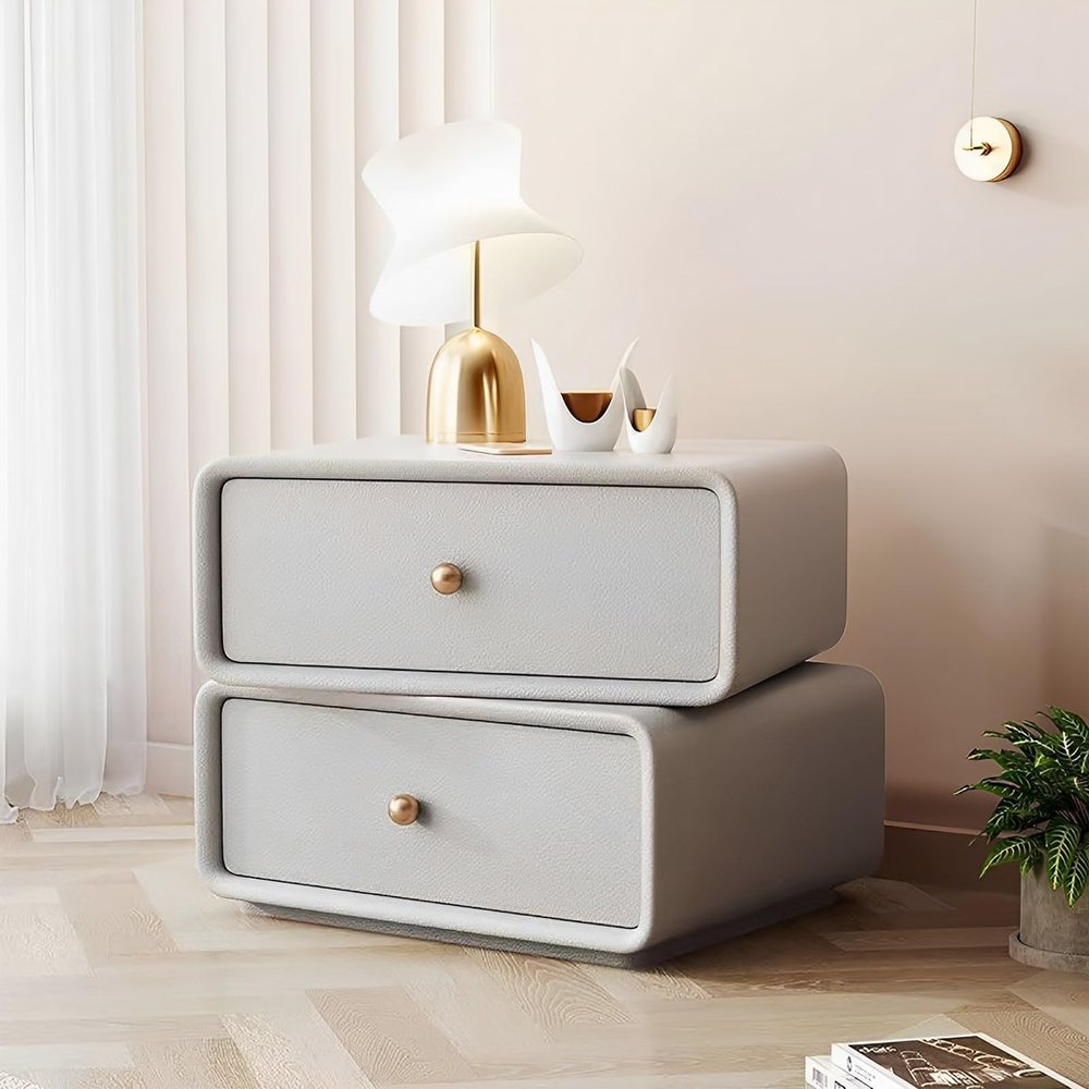 Beige Nightstand With 2 Drawers Night Stand 360 Rotating Desktop Bed Side Table With Solid Wood Legs Side Table With Metal Handles Modern Style Assembly Completed For Living Room Bedroom ( Color : Li