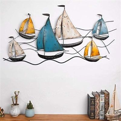 ALKANI Metal Wall Art Decor Sail Boats Wall Art Decor Mediterranean Style Sailboat Wall Sculptures Vintage Wall Hanging for Bedroom Living Room Wall Hanging