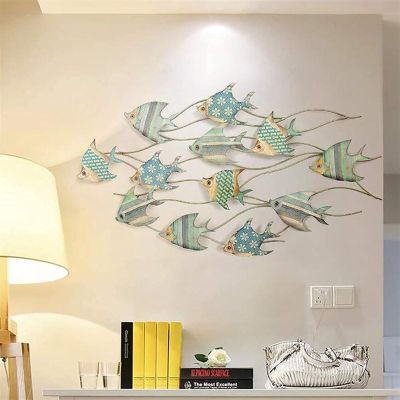 ALKANI Metal Wall Art Decor Metal Fish Wall Art Decor Fish Family Wall Hanging Retro Ocean Theme School of Fish Wall Sculptures for Home Indoor Outdoor Artwork