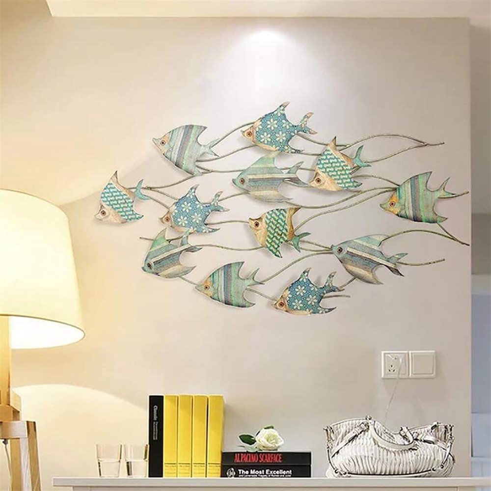 ALKANI Metal Wall Art Decor Metal Fish Wall Art Decor Fish Family Wall Hanging Retro Ocean Theme School of Fish Wall Sculptures for Home Indoor Outdoor Artwork