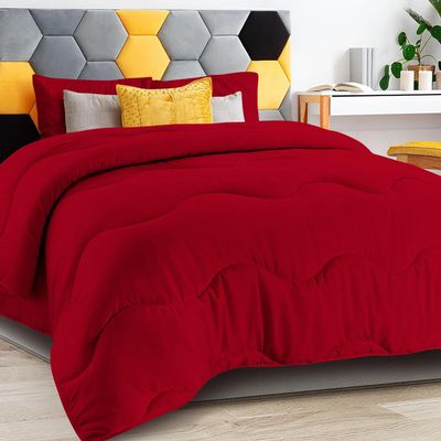 Epic Cotton 1 PC Wavy Stitching Comforter Lightweight Red, Soft Breathable Super King Size, Duvet Insert, All Season Winter Warm Microfiber Down Alternative Quilt with Corner Tabs - 98x116 inch