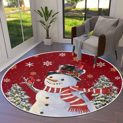 Red Snowman Round Area Rug 3.3ft,Washable Outdoor Indoor Carpet Runner Rug for Bedroom,Kitchen,Bathroom,Living/Dining/Laundry Room,Office,Area+Rug Bath Door Mat Christmas Pine Tree Snowflake