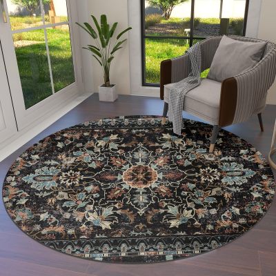 Abstract Vintage Round Area Rug 6ft,Washable Outdoor Indoor Carpet Runner Rug for Bedroom,Kitchen,Bathroom,Living/Dining/Laundry Room,Office,Area+Rug Large Bath Door Mat Southwestern Geometric Flower
