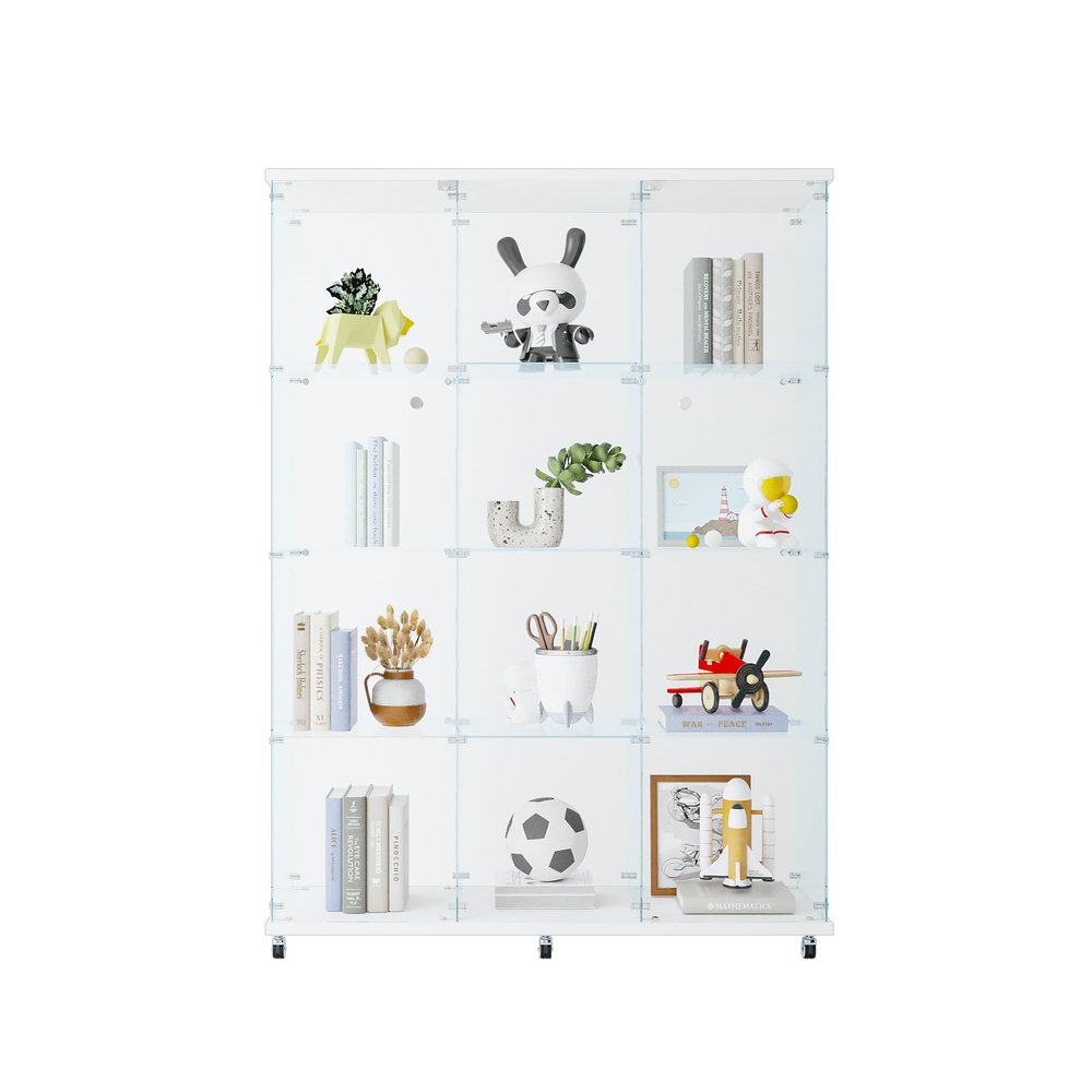 CISURCPI Glass Display Cabinet with 4 Shelves Extra Large, Curio Cabinets for Living Room, Bedroom, Office, White Floor Standing Glass Bookshelf, Quick Installation66.14(H) x 47.64(L) x 14.57(W)