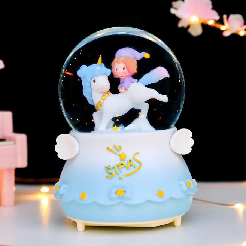SAUStrongBe Mermaid Princess Castle Crystal Ball Music Box Carousel Octopus Box Girl Birthday Gift Creative Toy (Blue Beast Hatless,N Large 100 Drifting Snow Turn Inside)