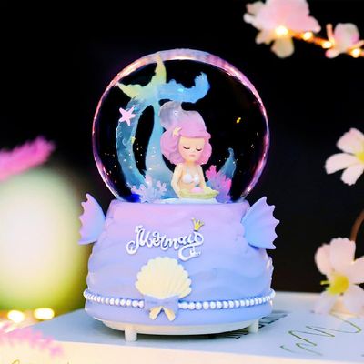 SAUStrongBe Mermaid Princess Castle Crystal Ball Music Box Carousel Octopus Box Girl Birthday Gift Creative Toy (Lie bareheaded,P Large 100 Snow+Lights+Music)