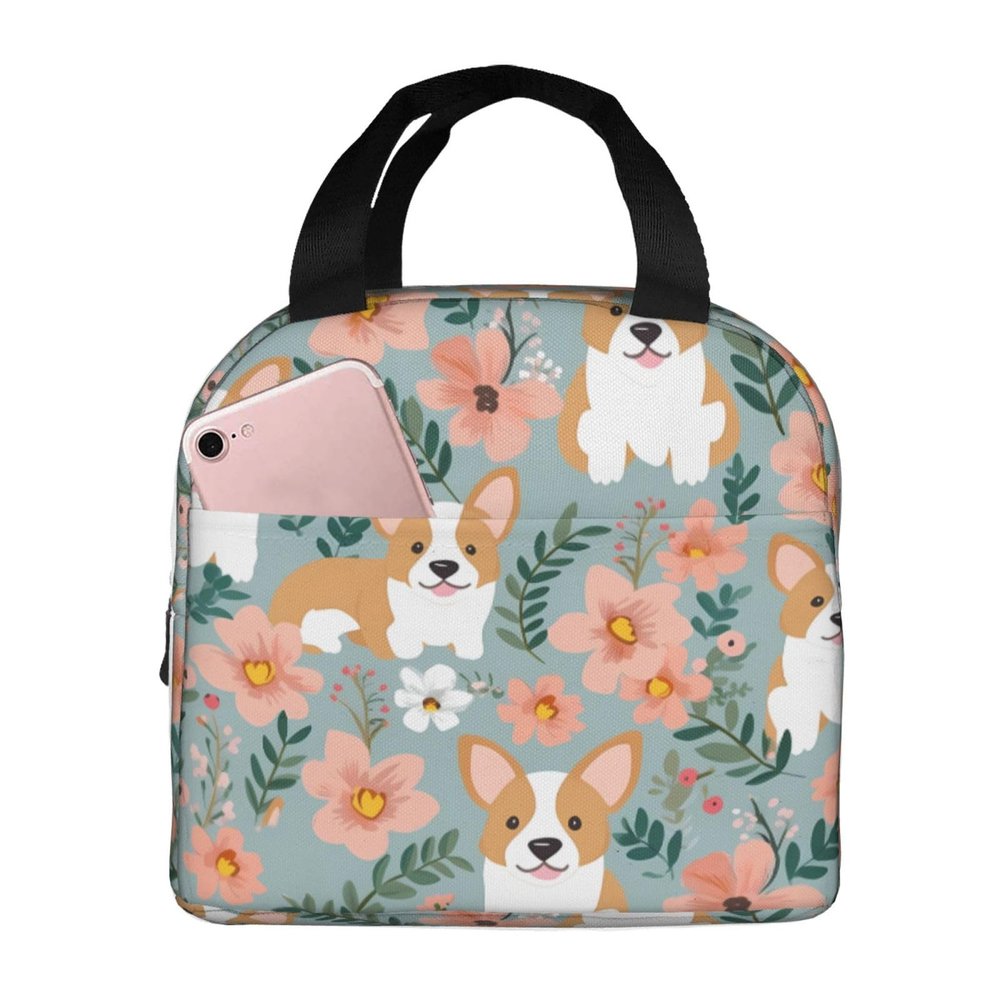 AdaNti Corgi Floral Flowers Spring Garden print Lunch Bag Portable Insulated Reusable Tote Bag Lunch Box For Work Camping Travel Picnic