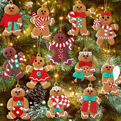 12pcs Christmas Gingerbread Man Ornaments Christmas Tree Decorations Rubber Gingerbread Ornaments Decorations for Tree 3 Inch Tall Xmas Hanging Ornaments