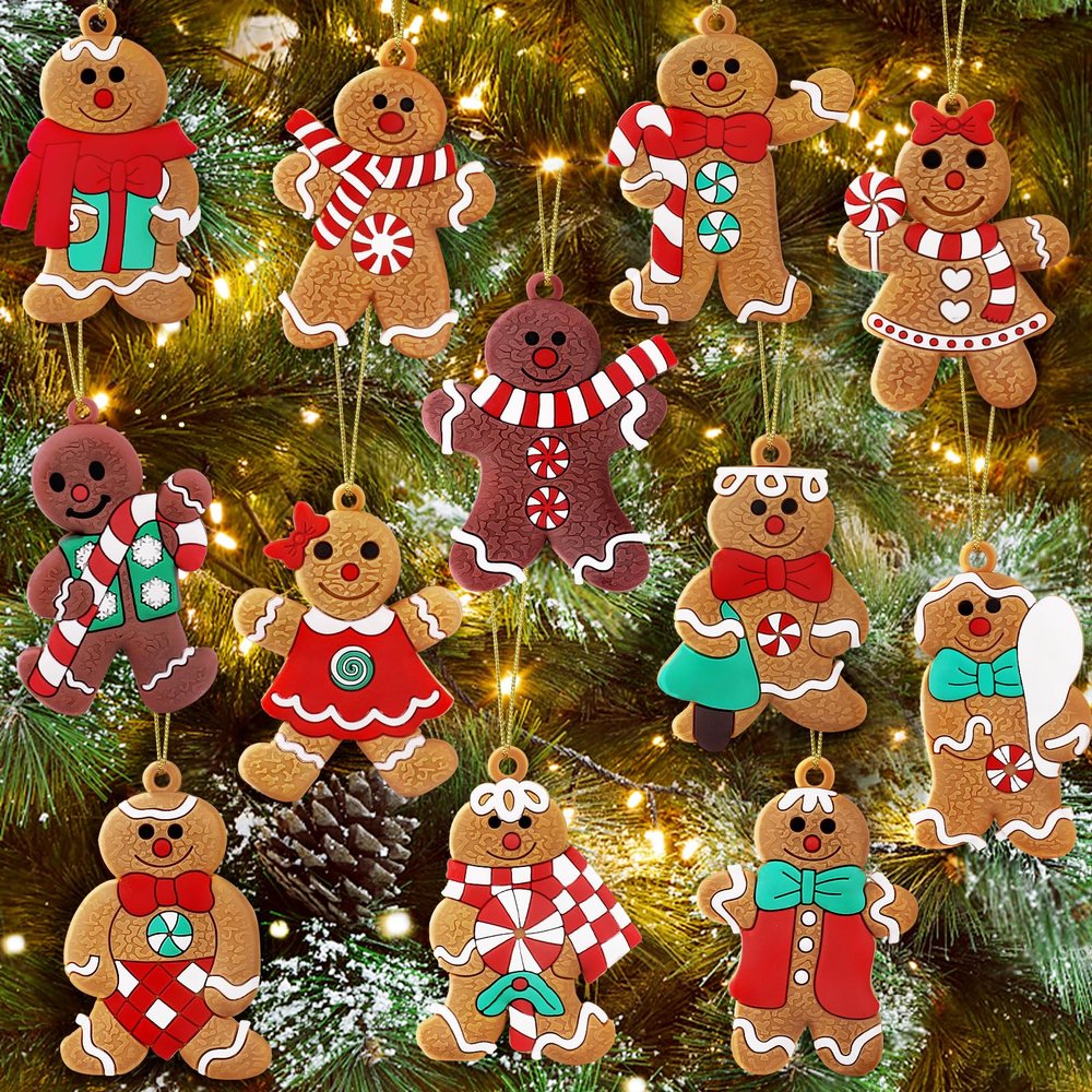 12pcs Christmas Gingerbread Man Ornaments Christmas Tree Decorations Rubber Gingerbread Ornaments Decorations for Tree 3 Inch Tall Xmas Hanging Ornaments