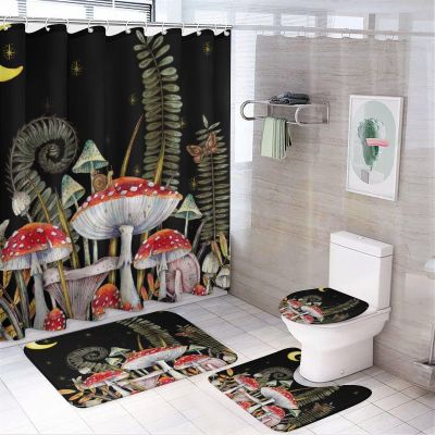 FBMLBRB Brebasf Fantasy Constellation Mushroom 4 Pcs Waterproof Shower Curtain Set Abstract Watercolor Psychedelic Mushroom Leaves with Waterproof Toilet Cover Shower Mat Rugs,72" W x 72" L