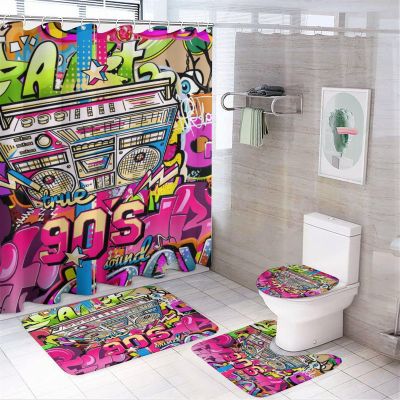 FBMLBRB Brebasf Colourful Graffiti 4 Pcs Waterproof Shower Curtain Set 80's 90's Fashion Radio Boombox Photography Fashion Style with Waterproof Toilet Cover Shower Mat Rugs,72" W x 72" L