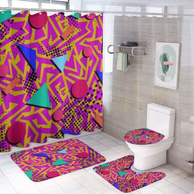 FBMLBRB Brebasf 80s 90s. Creative Bathroom Shower Curtain Set Vintage 80s Retro 90s Dots Geometric Non Slip Waterproof Bath Mat Toilet Mat Rugs,72" W x 72" L