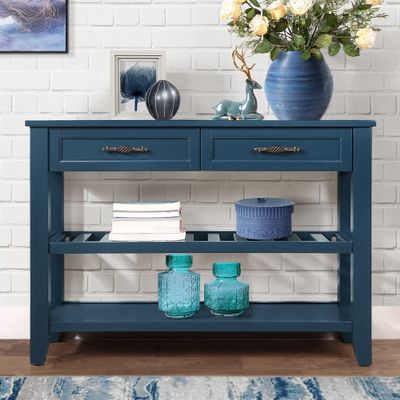 KLMM Mid-Century Style 42'' Solid Wood Console Sofa Table with 2 Storage Drawers and 2 Tiers Shelves,Buffet Sideboard for Living Room Kitchen Dining Room Entryway Hallway (Navy Blue@Shelves)