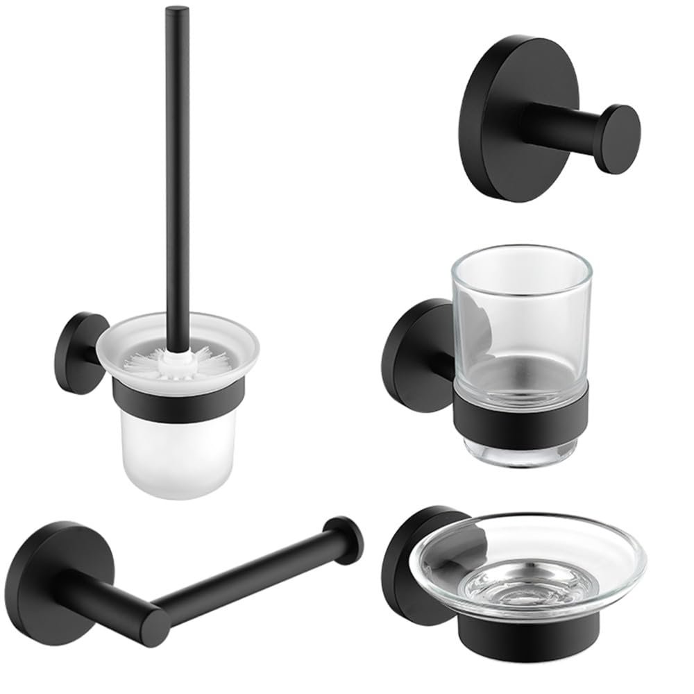 Black Bathroom Accessories Stainless Steel Hook Paper Holder Toothbrush Holder Toiletbrush Holder Soap Rack Hardware Accessories,Whole Set,One Size