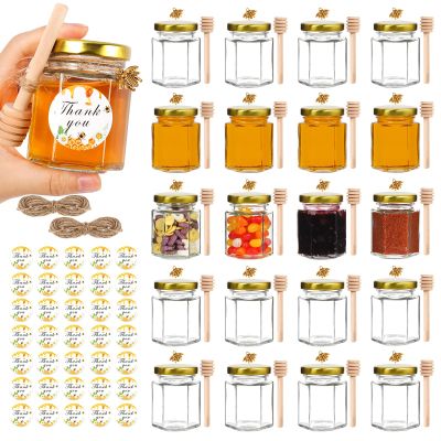 3oz Honey Jars with Dipper 20Pack, AuroTrends Glass Jars for Baby Shower Favors/Wedding Favors for Guests Bulk-Mini Jars with Wooden Dippers/Bee Charms/Stickers/Jute Twine (3 fl.oz-20Pack)